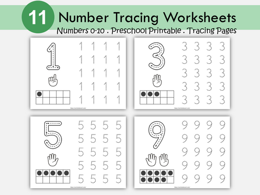 11 Number Worksheets for Preschool, Number Tracing Pages, PreK Number Tracing Sheet, Kindergarten, Number of the Day, Handwriting Practice, WWF447