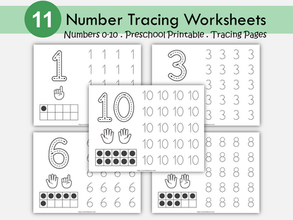 11 Number Worksheets for Preschool, Number Tracing Pages, PreK Number Tracing Sheet, Kindergarten, Number of the Day, Handwriting Practice, WWF447