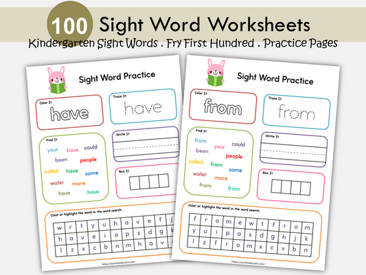 Fry's First 100 Sight Words Worksheets, Sight Words Printable, Handwriting & Spelling Practice, Kindergarten Activities, First Grade, WWF451