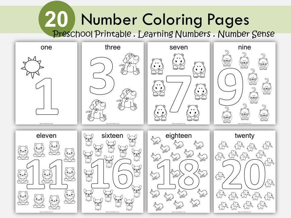 Number Coloring Pages (1-20) Printable, Preschool Worksheets, Coloring Pages for Kids,  Kindergarten Activity, Homeschool, Instant Download