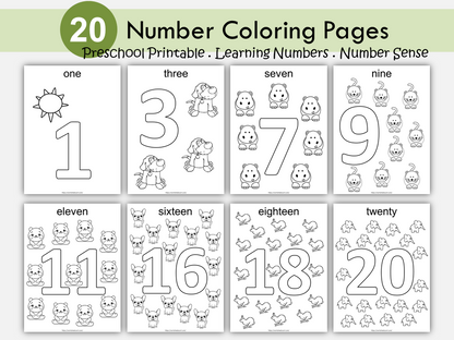 Number Coloring Pages (1-20) Printable, Preschool Worksheets, Coloring Pages for Kids,  Kindergarten Activity, Homeschool, Instant Download