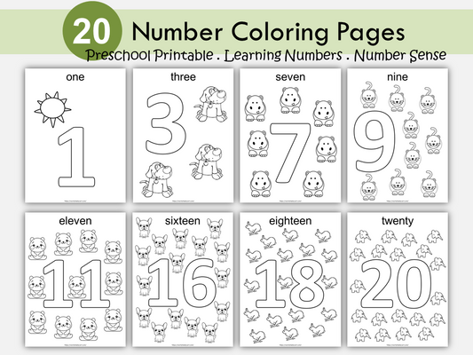 Number Coloring Pages (1-20) Printable, Preschool Worksheets, Coloring Pages for Kids,  Kindergarten Activity, Homeschool, Instant Download, WWF455