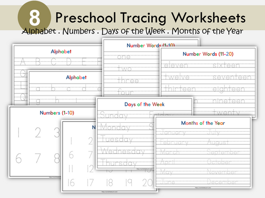 Tracing Worksheets Printable, Tracing Worksheets for Kids, Alphabet, Numbers, Days of the Week, Months of the Year, Homework, Homeschool, WWF463