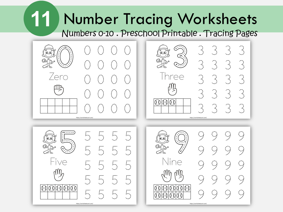 0-10 Number Tracing, Baseball Theme Preschool Worksheet Printable, Handwriting Practice, Kindergarten Worksheets, Number Writing