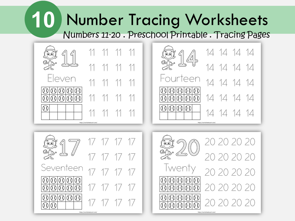 11-20 Number Tracing Worksheets Printable, Baseball Theme Preschool Worksheets, Handwriting Practice, Kindergarten Worksheets, Number Writing