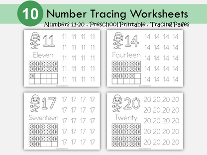 11-20 Number Tracing Worksheets Printable, Baseball Theme Preschool Worksheets, Handwriting Practice, Kindergarten Worksheets, Number Writing