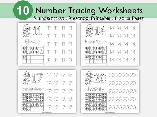 11-20 Number Tracing Worksheets Printable, Baseball Theme Preschool Worksheets, Handwriting Practice, Kindergarten Worksheets, Number Writing, WWF465