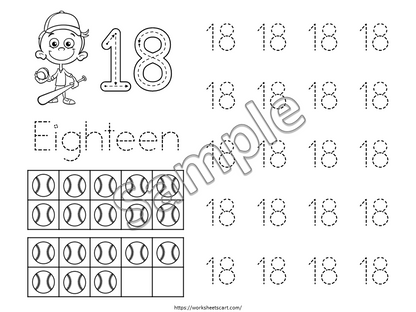 11-20 Number Tracing Worksheets Printable, Baseball Theme Preschool Worksheets, Handwriting Practice, Kindergarten Worksheets, Number Writing