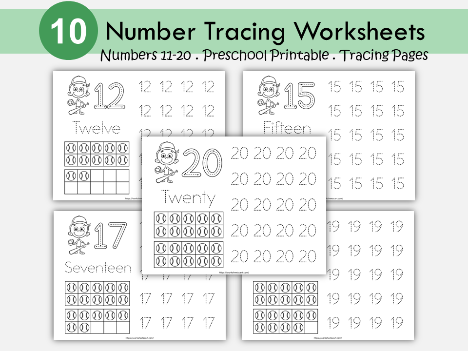 11-20 Number Tracing Worksheets Printable, Baseball Theme Preschool Worksheets, Handwriting Practice, Kindergarten Worksheets, Number Writing