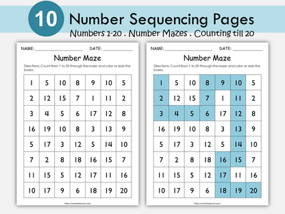 Number Sequencing Worksheets, Numbers 1-20, Ordering Numbers, Number Sense, Preschool Math, PreK, Toddlers Activity, Montessori, Homeschool