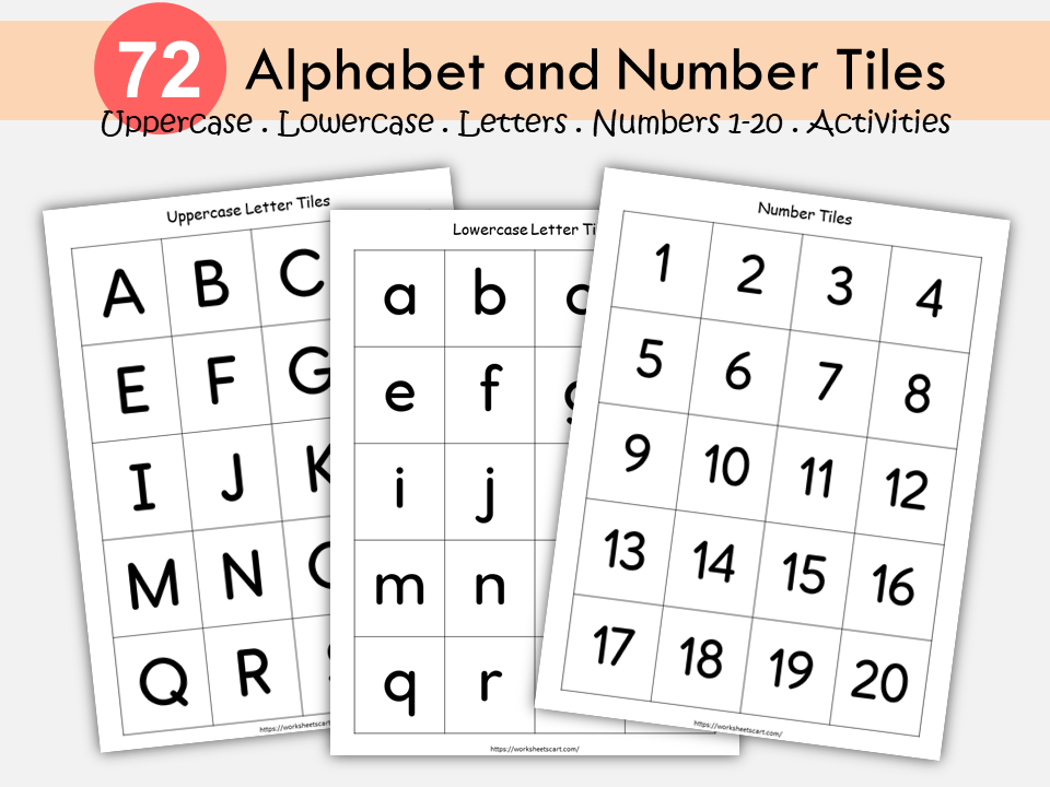 Alphabet Tiles Cards Printable for Preschool, Uppercase and Lowercase, Letters Tiles, Numbers 1-20 Cards, Word Work, Spelling Activity