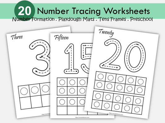 20 Number Tracing Worksheets, Traceable Numbers, Preschool Worksheets, 1-20 Printable Number Tracing, Playdough Mats, Handwriting Practice, WWF475