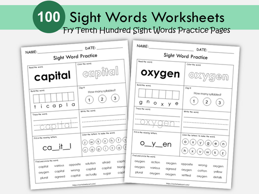 100 Printable Sight Words Worksheets, Fry Tenth Hundred Sight Word Work, Learn to Read, Kindergarten Phonics Book, Grade 1, 2, 3, 4, 5, WWF488