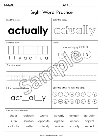 100 Printable Sight Words Worksheets, Fry Tenth Hundred Sight Word Work, Learn to Read, Kindergarten Phonics Book, Grade 1, 2, 3, 4, 5, WWF488