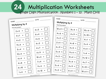24 Printable Multiplication Worksheets, Single Digit Multiplication (Numbers 1–12), Maths Drills, Multiplication Facts Worksheets, Grade 2-4, WWF489