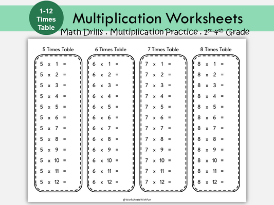 Math Multiplication Worksheets, Times Tables Practice (1–12) Printable, Multiplication Facts, Math Drills, 1st-4th Grade Math, WWF490