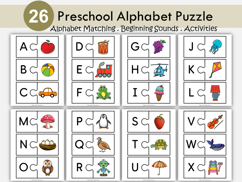 Alphabet Matching Puzzle Beginning Sounds Phonics ABC Letters Activity Printable for Preschool Homeschool Kindergarten Digital Download, WWF491