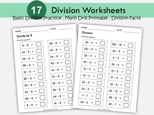 Division Math Drill Worksheets Printable | Fast Facts Practice for Kids | Basic Division PDF | Homeschool & Classroom Math Sheets, WWF494