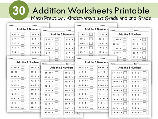 Printable Addition Worksheets with 2 and 3 Addends | Math Practice for Kindergarten to 2nd Grade, WWF495
