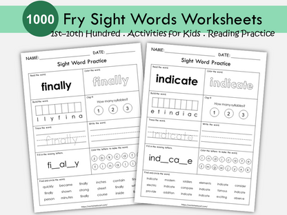 Fry Sight Words Worksheets 1st–10th Hundred | 1000 High-Frequency Word Practice | Printable Reading Activities for Kids | Homeschool | PDF | WWF496