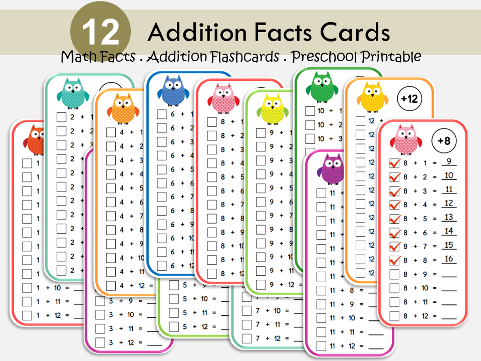 Printable Addition Flash Cards for Kids | 12 Colorful Math Facts Cards ...