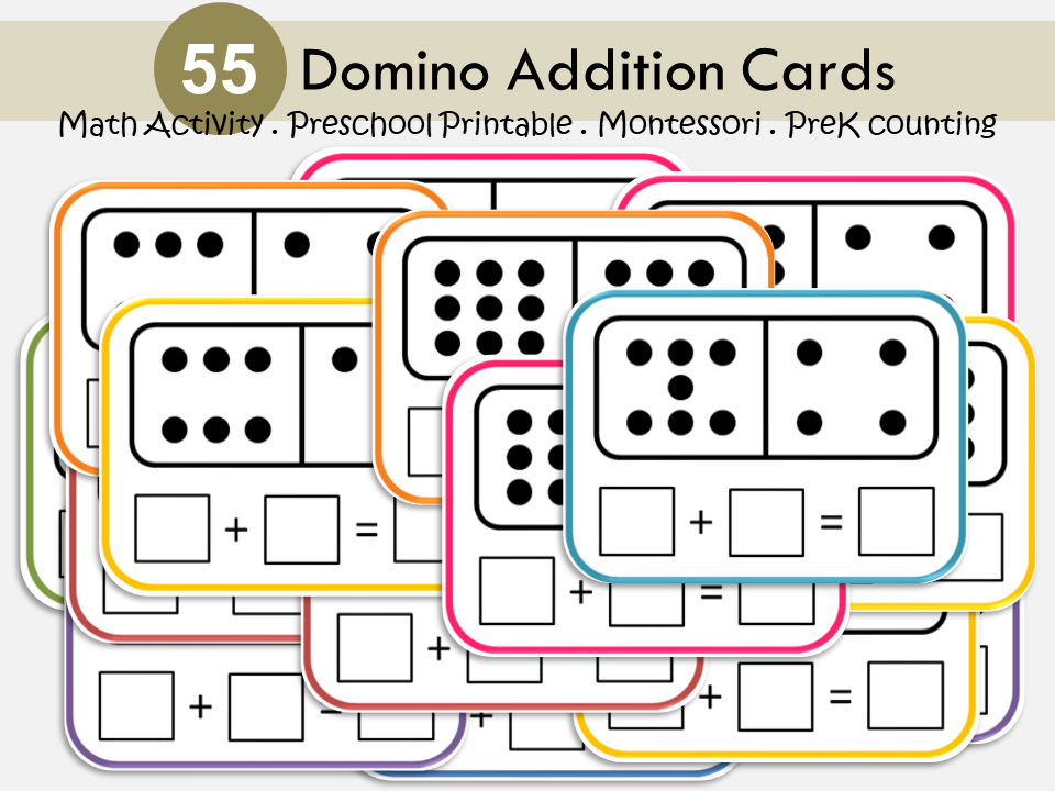 Domino Addition Cards Printable – 55 Math Cards with Double Nine Dominoes, Montessori Printable, PreK, Preschool, Kindergarten Math Activity, WWF501