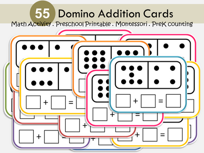 Domino Addition Cards Printable – 55 Math Cards with Double Nine Dominoes, Montessori Printable, PreK, Preschool, Kindergarten Math Activity, WWF501
