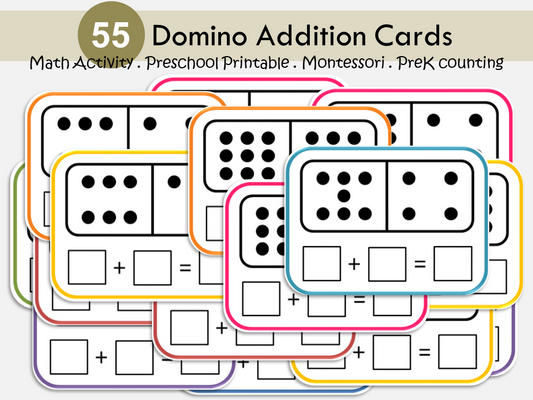 Domino Addition Cards Printable – 55 Math Cards with Double Nine Dominoes, Montessori Printable, PreK, Preschool, Kindergarten Math Activity, WWF501