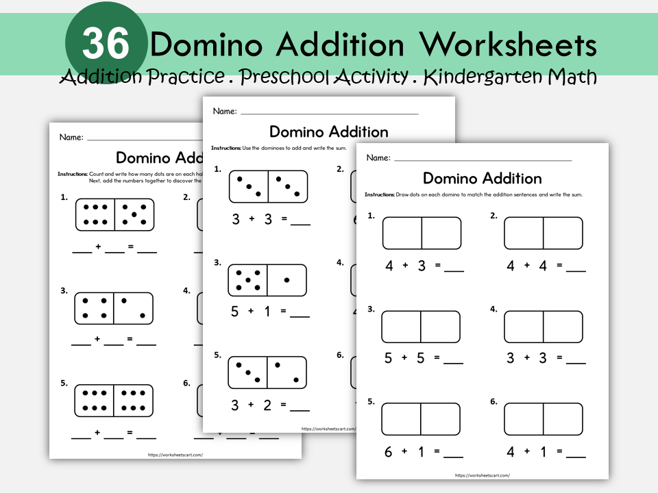 36 Domino Addition Worksheets for Kids | Count and Add Dots | Math Practice Printable | Kindergarten & 1st Grade Addition Activities, WWF502
