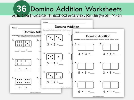 36 Domino Addition Worksheets for Kids | Count and Add Dots | Math Practice Printable | Kindergarten & 1st Grade Addition Activities, WWF502