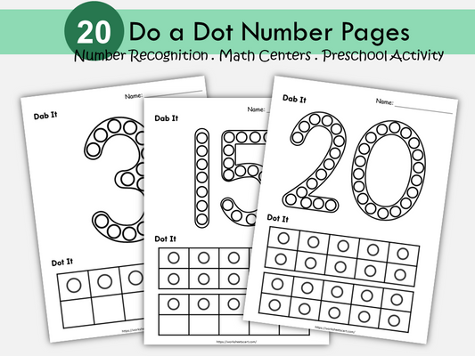 Do a Dot Number Printable for Toddlers | Number Dab and Dot Worksheets 1-20 | Dot marker Activity for Preschool and Kindergarten, WWF507