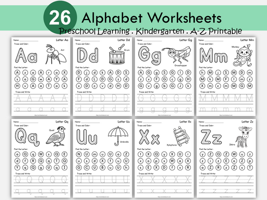 Alphabet Worksheets A–Z Printable | Trace, Write, Find & Color for Kids, WWF512