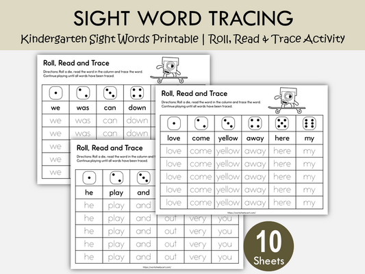 Kindergarten Sight Words Roll & Trace Printable | Fun Early Reading and Handwriting Activity, WWF521