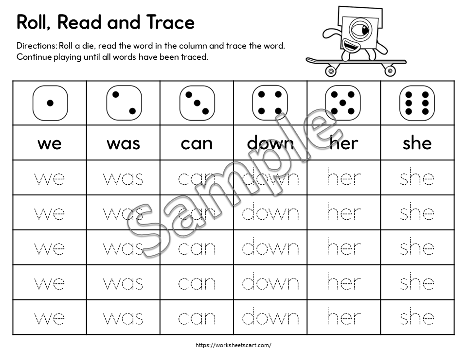 Kindergarten Sight Words Roll & Trace Printable | Fun Early Reading and Handwriting Activity, WWF521