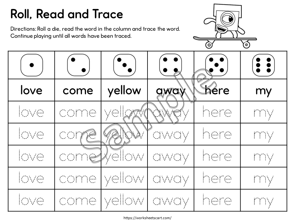Kindergarten Sight Words Roll & Trace Printable | Fun Early Reading and Handwriting Activity, WWF521