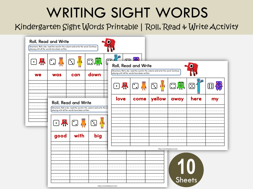 Kindergarten Sight Words Roll and Write Printable Game | Fun Reading & Writing Practice, WWF527