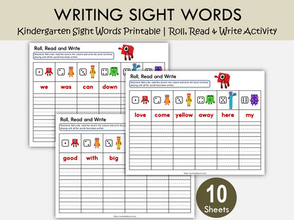 Kindergarten Sight Words Roll and Write Printable Game | Fun Reading & Writing Practice, WWF527