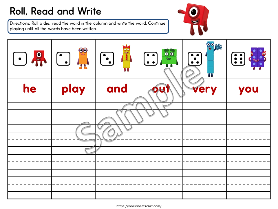 Kindergarten Sight Words Roll and Write Printable Game | Fun Reading & Writing Practice, WWF527