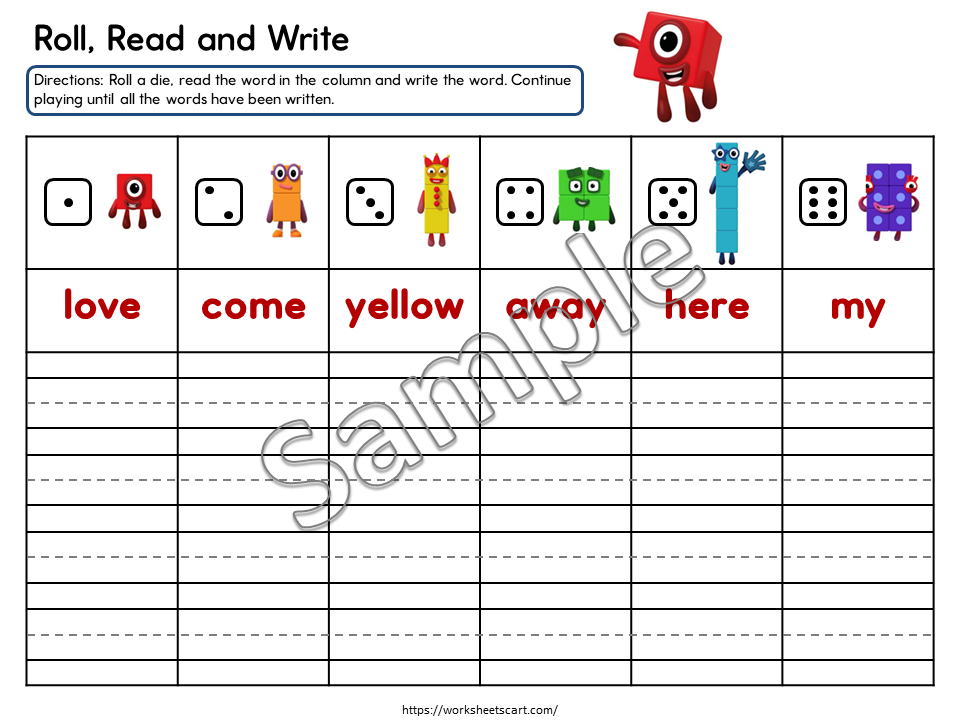Kindergarten Sight Words Roll and Write Printable Game | Fun Reading & Writing Practice, WWF527