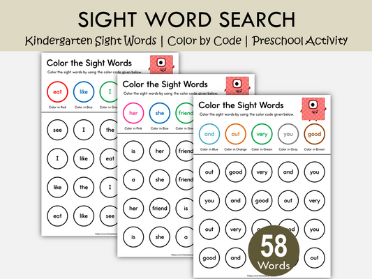 Kindergarten Sight Words Color by Code Worksheets Printable – 58 Words, WWF528