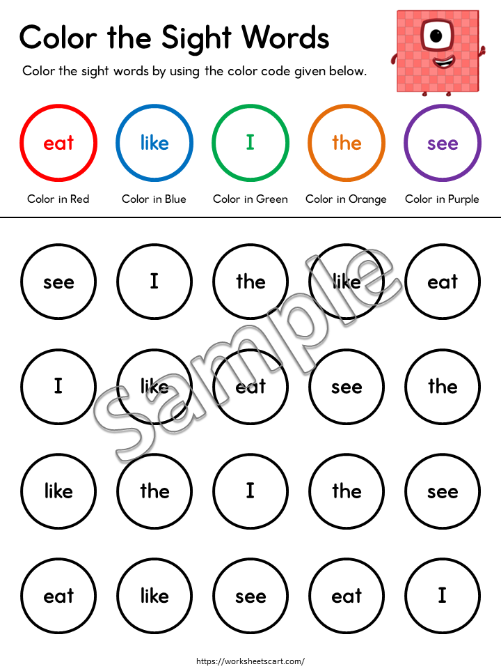 Kindergarten Sight Words Color by Code Worksheets Printable – 58 Words, WWF528
