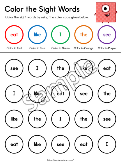 Kindergarten Sight Words Color by Code Worksheets Printable – 58 Words, WWF528