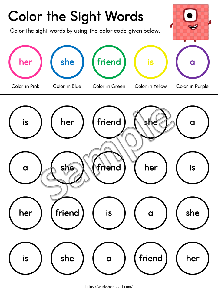 Kindergarten Sight Words Color by Code Worksheets Printable – 58 Words, WWF528