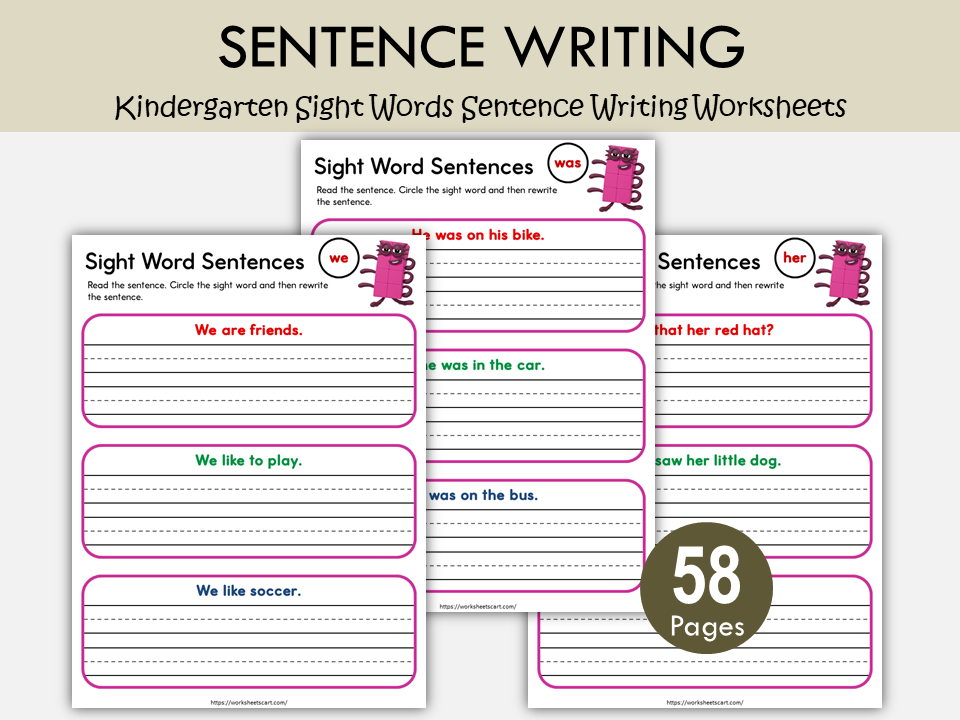 58 Sight Words Sentence Writing Worksheets Printable for Kindergarten ...