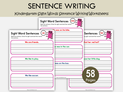 58 Sight Words Sentence Writing Worksheets Printable for Kindergarten | Read & Write Sight Word Practice PDF, WWF529