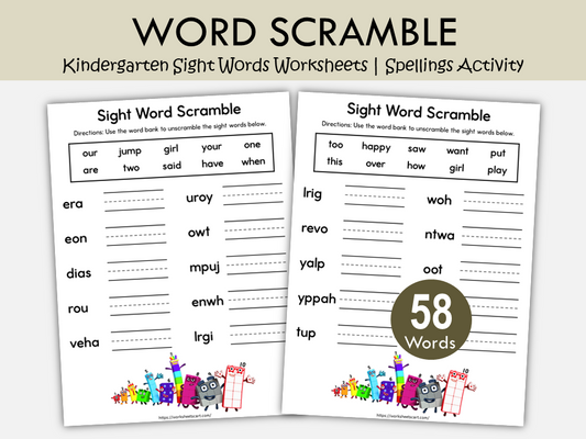 58 Sight Word Scramble Worksheets Printable for Kindergarten Learning, WWF530