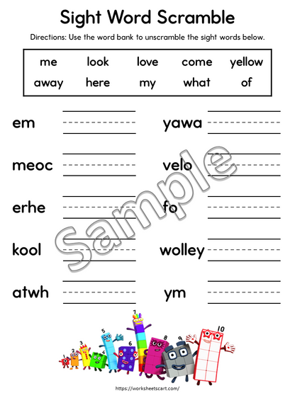 58 Sight Word Scramble Worksheets Printable for Kindergarten Learning, WWF530