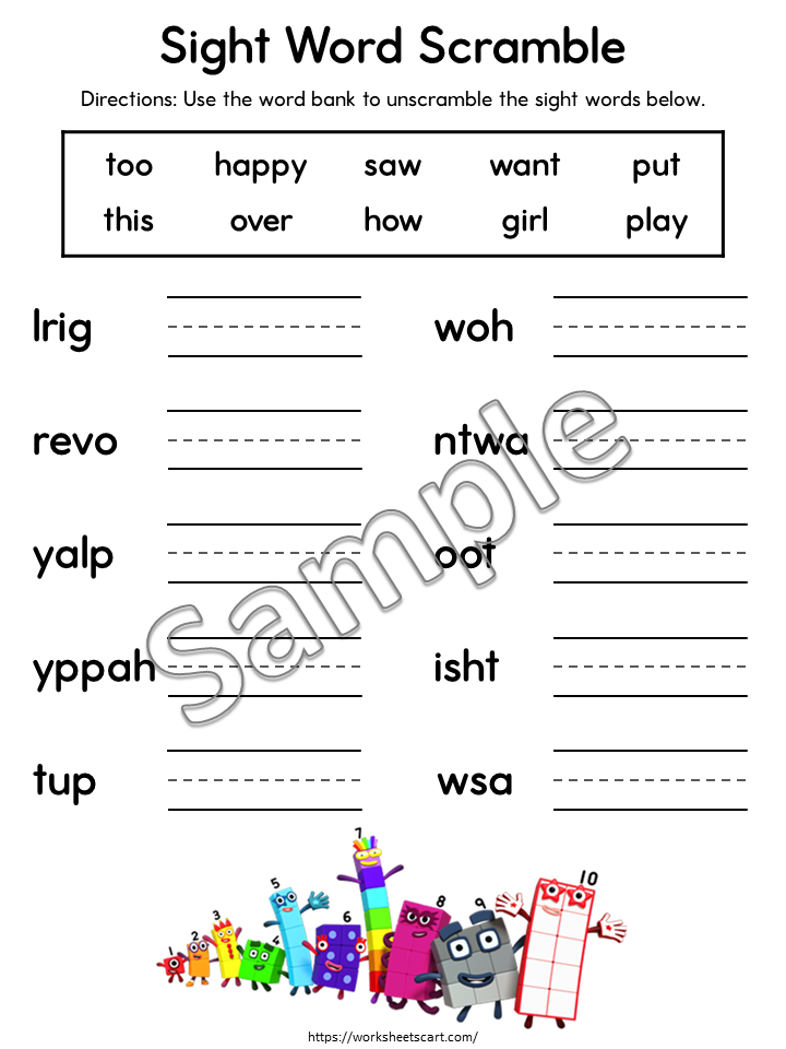 58 Sight Word Scramble Worksheets Printable for Kindergarten Learning, WWF530