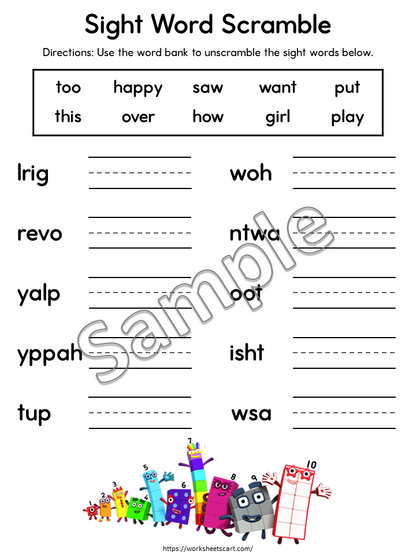 58 Sight Word Scramble Worksheets Printable for Kindergarten Learning, WWF530