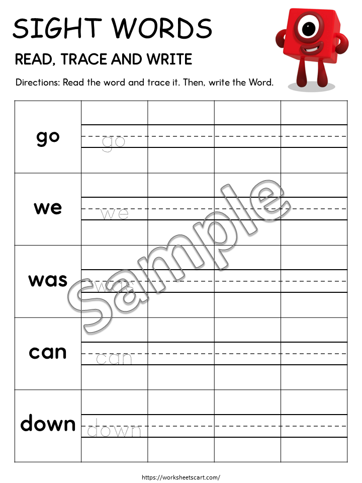 Kindergarten Sight Words Worksheets – Read, Trace & Write Printables, WWF532
